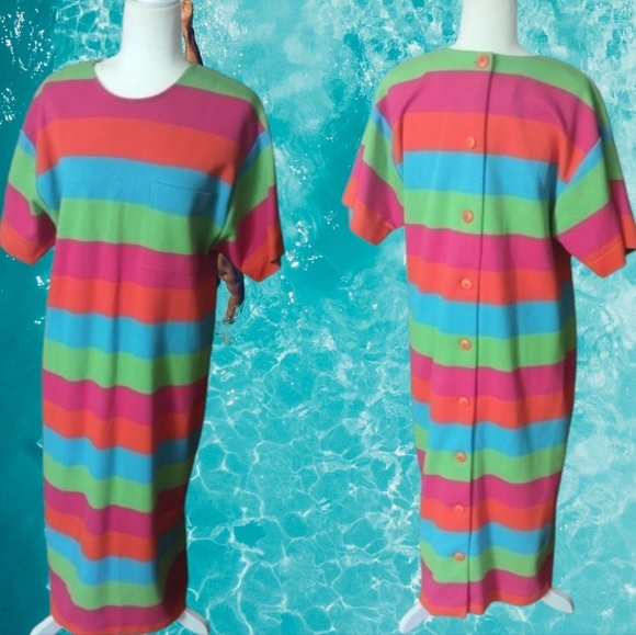 Sharon Young Dallas vintage 80s Bright stripes button back knit maxi dress. Sz L - Picture 1 of 12
